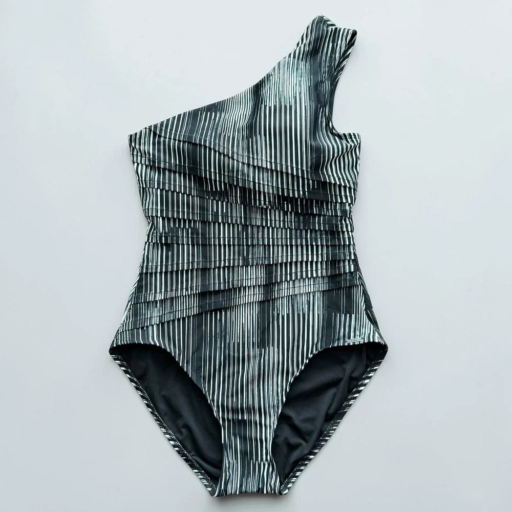 Calvin Klein One-Shoulder One Piece Swimsuit Black Multi Dry Brush Size 12 - Picture 2 of 6